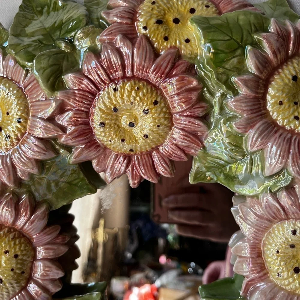 Floral Sunflower Wall Mirror - Pink and Green majolica ceramic artist mirror